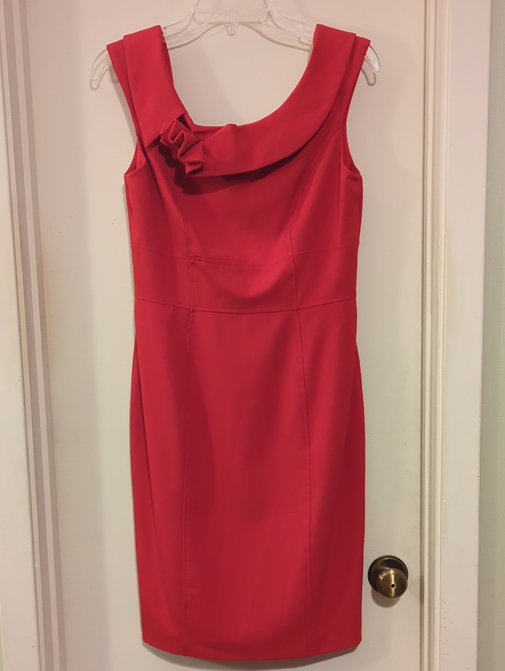 Calvin Klein Scarlet Red Sleeveless Midi Dress with Ruffle Neck